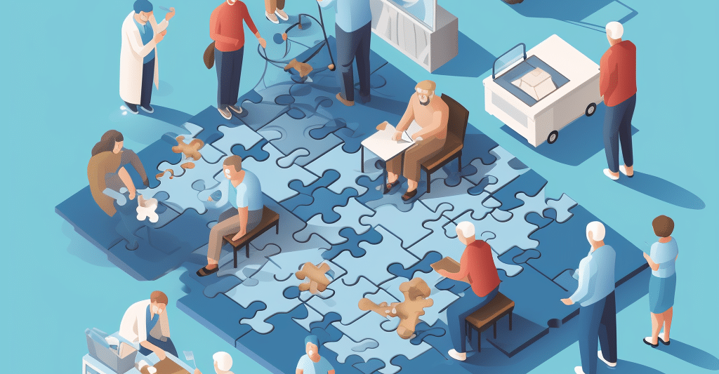 People sitting around a hyper-realistic puzzle blue shades, representing the complexities of the NHS pension system.